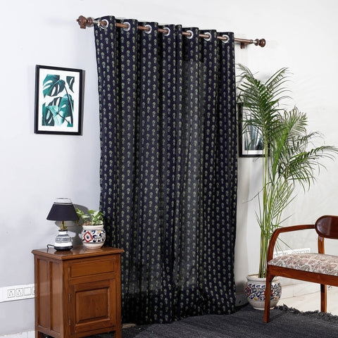 Black - sanganeri printed cotton door curtain (7 x 3 feet)