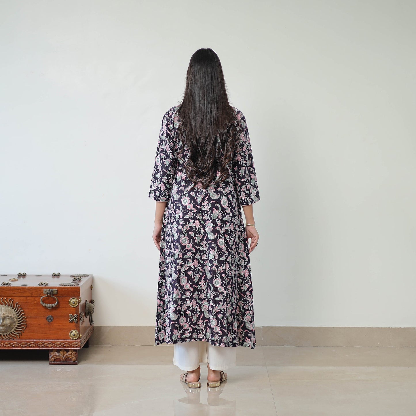  Black Sanganeri Block Printed Cotton Long A-Line Kurta for Women