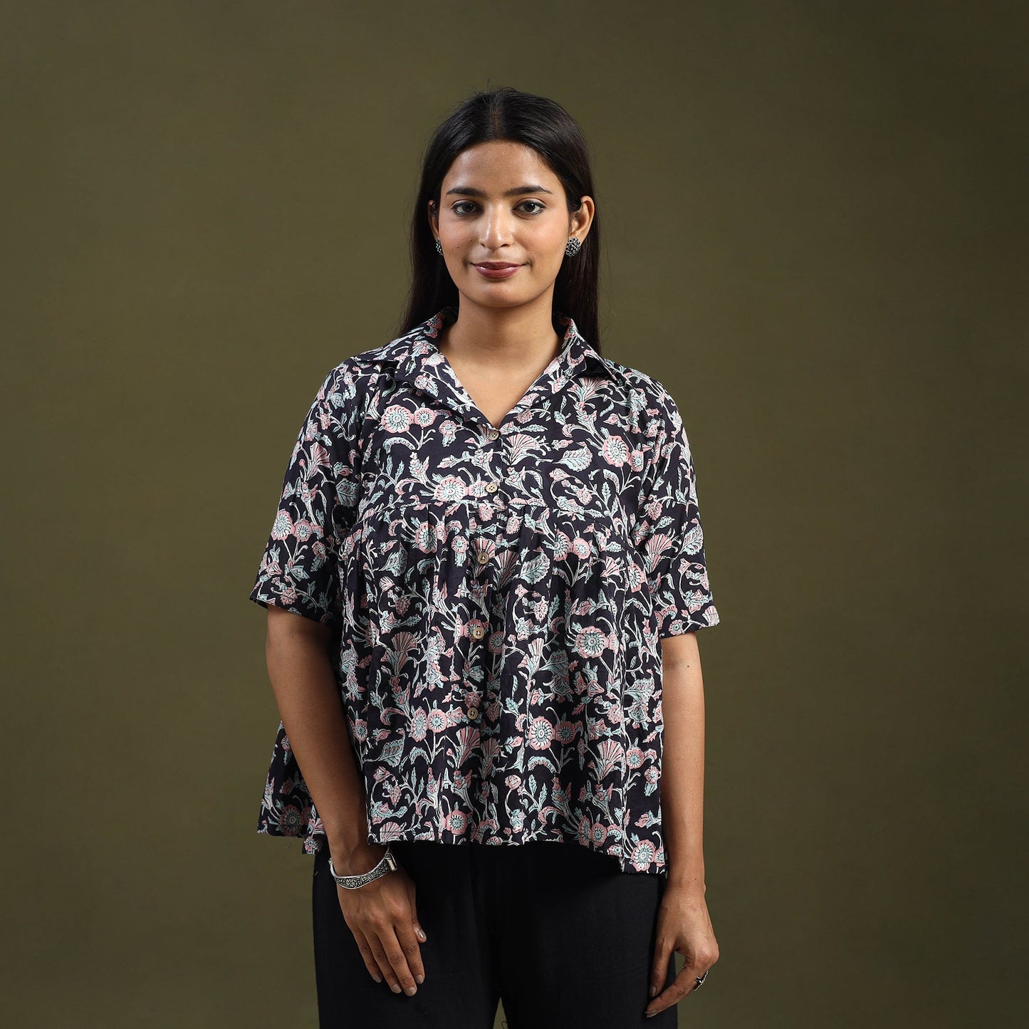  Black Sanganeri Block Print Cotton Crop Top