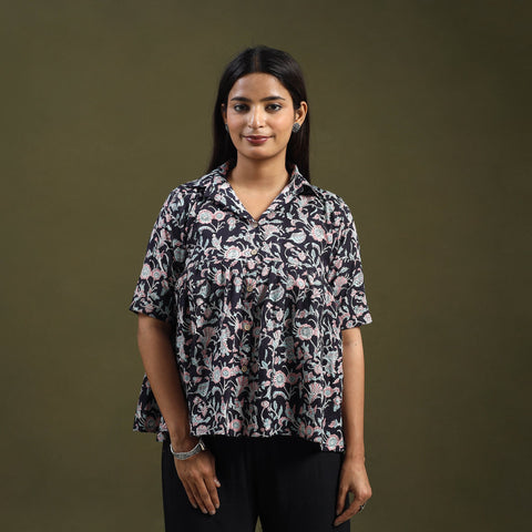  Black Sanganeri Block Print Cotton Crop Top