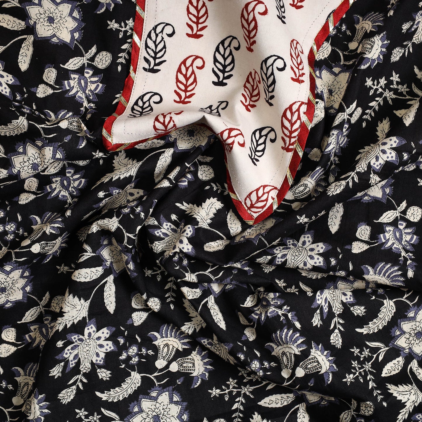 Black Sanganeri Print Cotton Patchwork Kurta Material (3m)