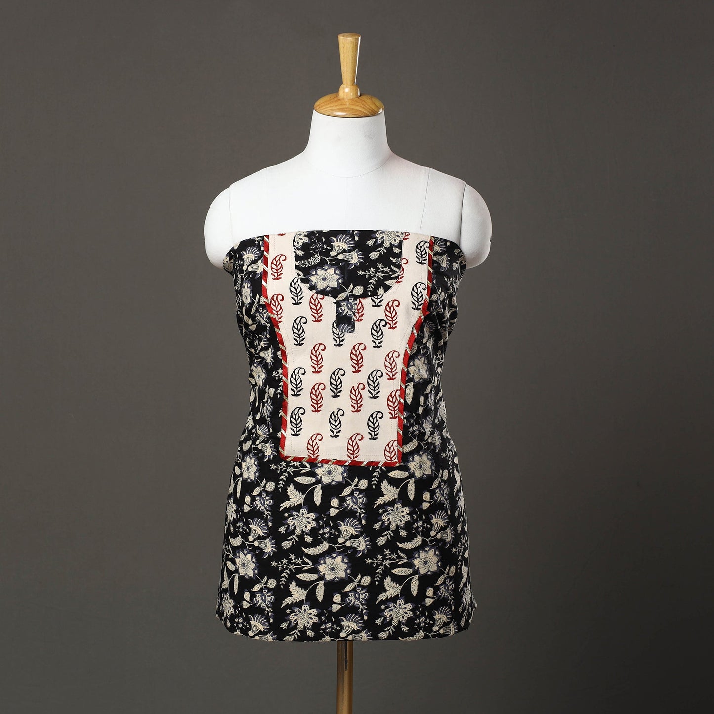 Black Sanganeri Print Cotton Patchwork Kurta Material (3m)