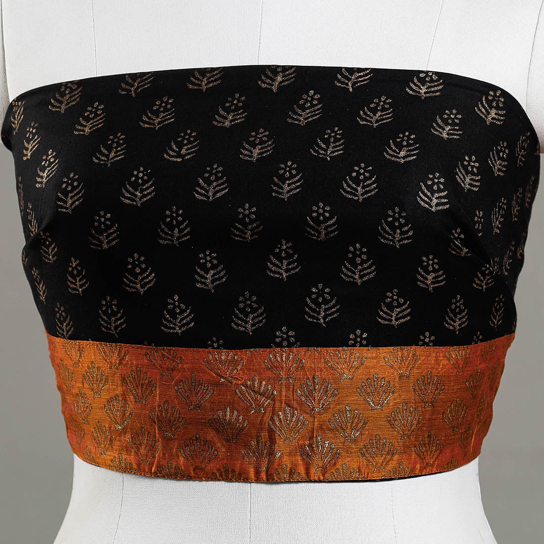 Black - Sanganeri Gold Block Printed Rayon Blouse Piece