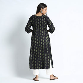 Sanganeri Hand Block Print Cotton White Long Kurta for Women
