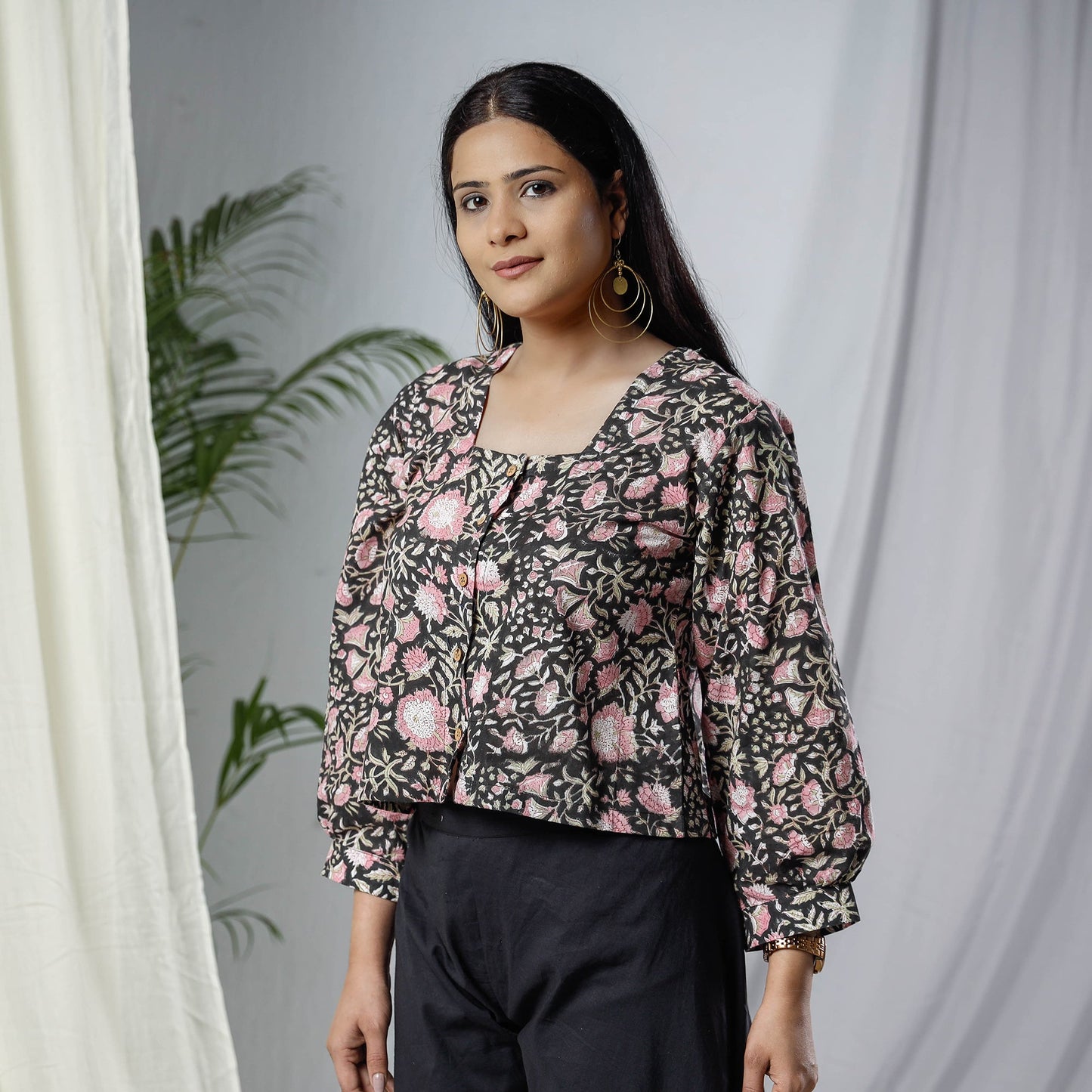Black - sanganeri hand block prints full sleeve cotton crop
