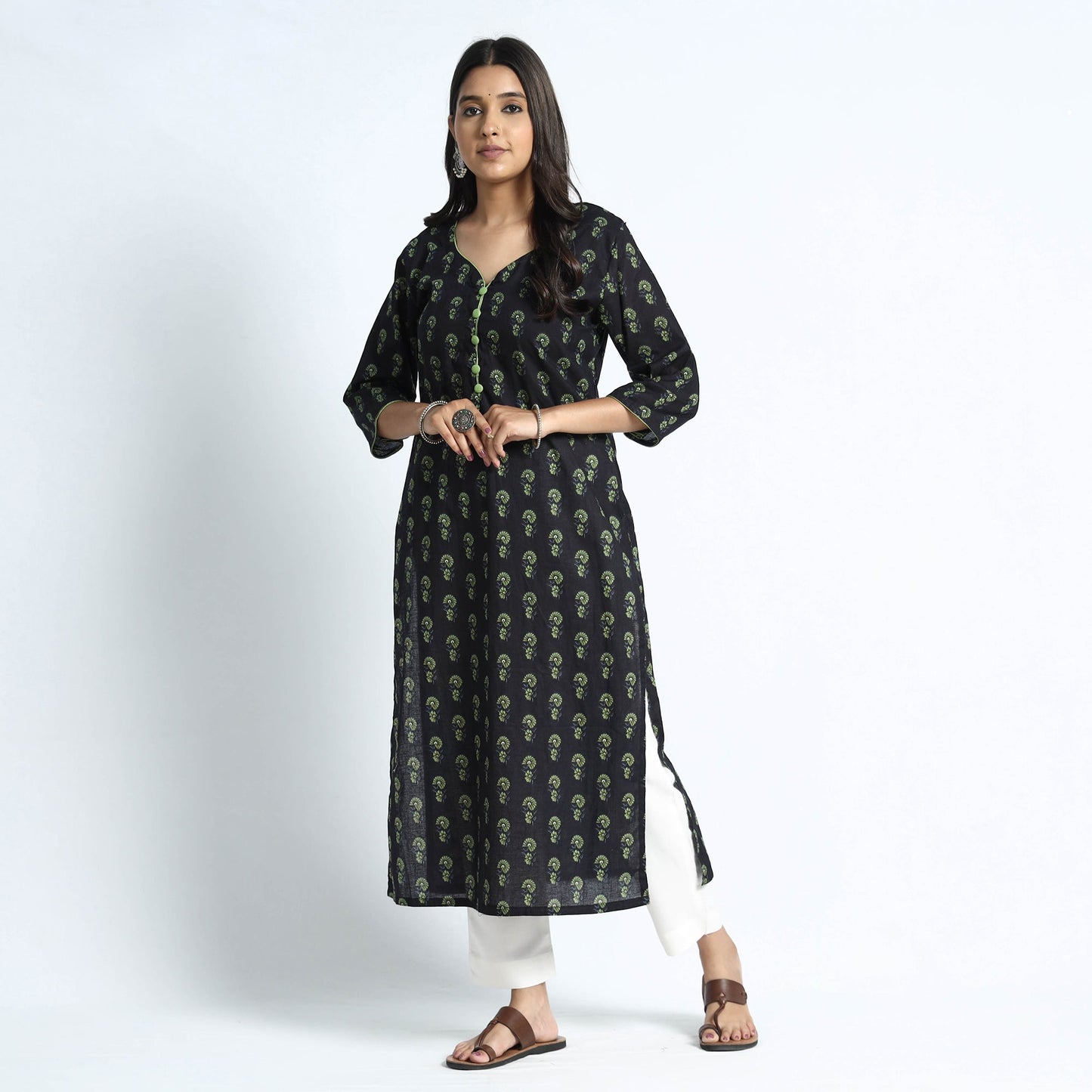 Sanganeri Hand Block Print Cotton White Long Kurta for Women