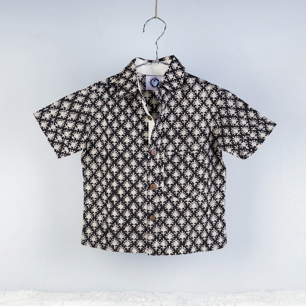 Black Sanganeri Block Printed Cotton Half-Sleeve Kids Shirt