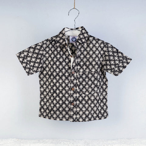 Black Sanganeri Block Printed Cotton Half-Sleeve Kids Shirt