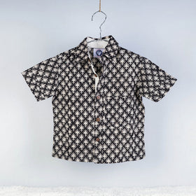 Black Sanganeri Block Printed Cotton Half-Sleeve Kids Shirt