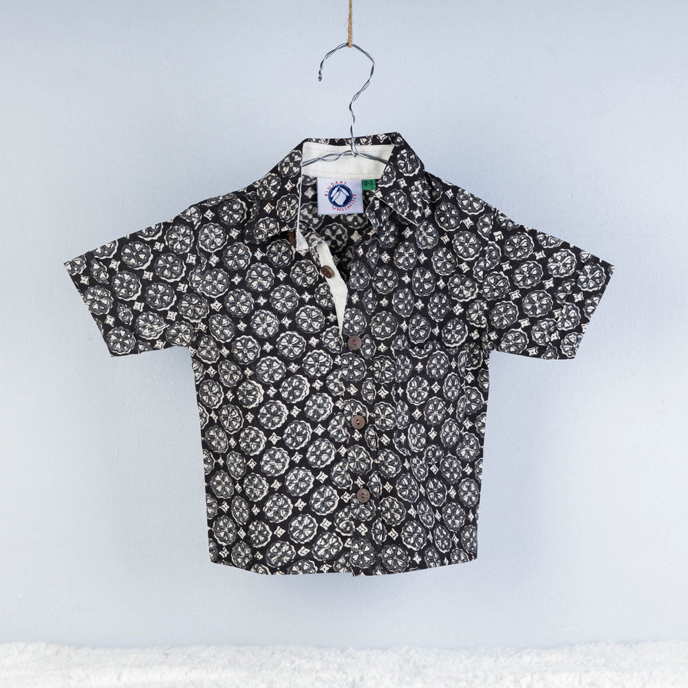 Black Sanganeri Block Printed Cotton Half-Sleeve Kids Shirt