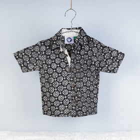 Black Sanganeri Block Printed Cotton Half-Sleeve Kids Shirt
