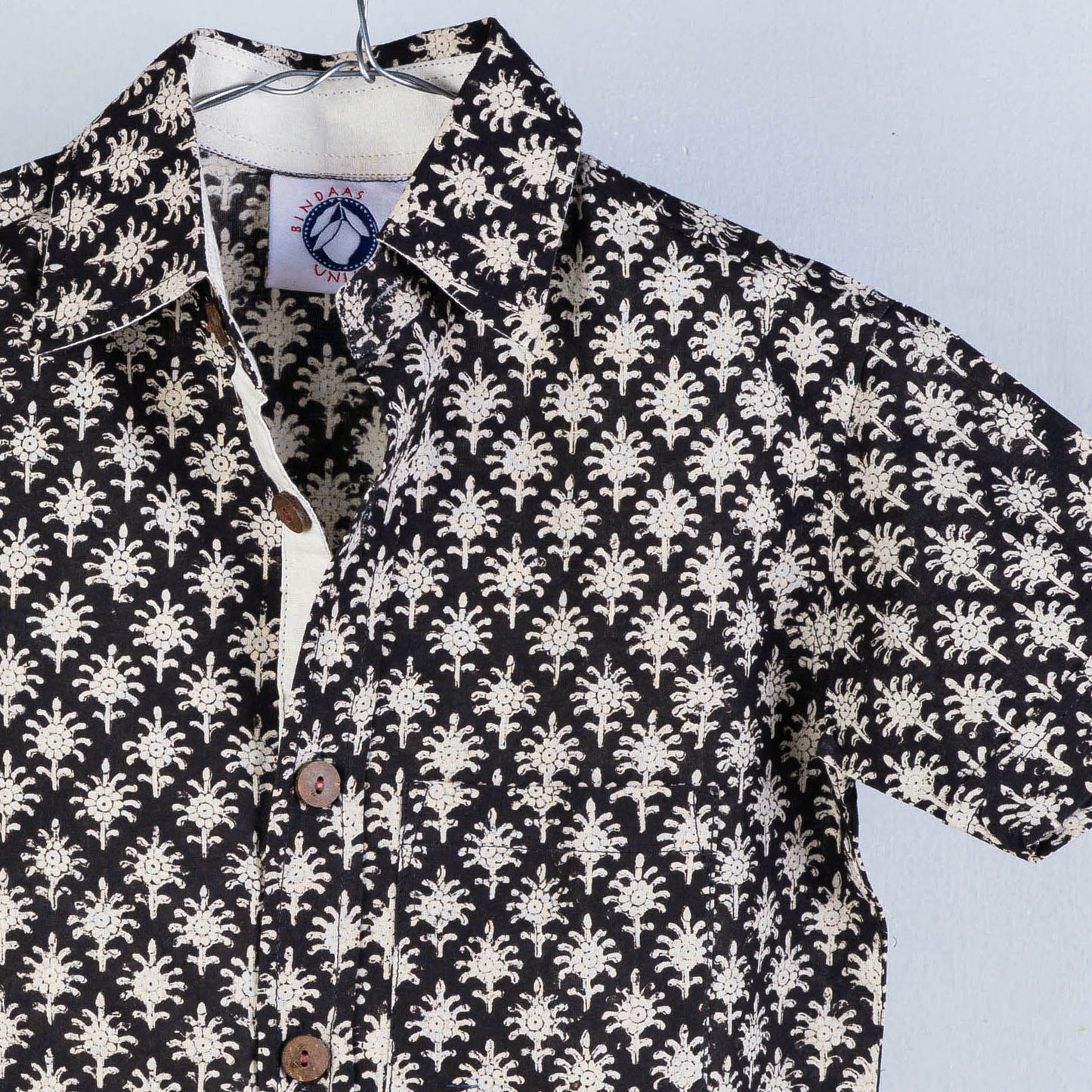 Black Sanganeri Block Printed Cotton Half-Sleeve Kids Shirt
