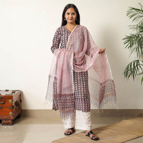  Sanganeri Block Printed Cotton Kurta with Palazzo & Dupatta Set 09 