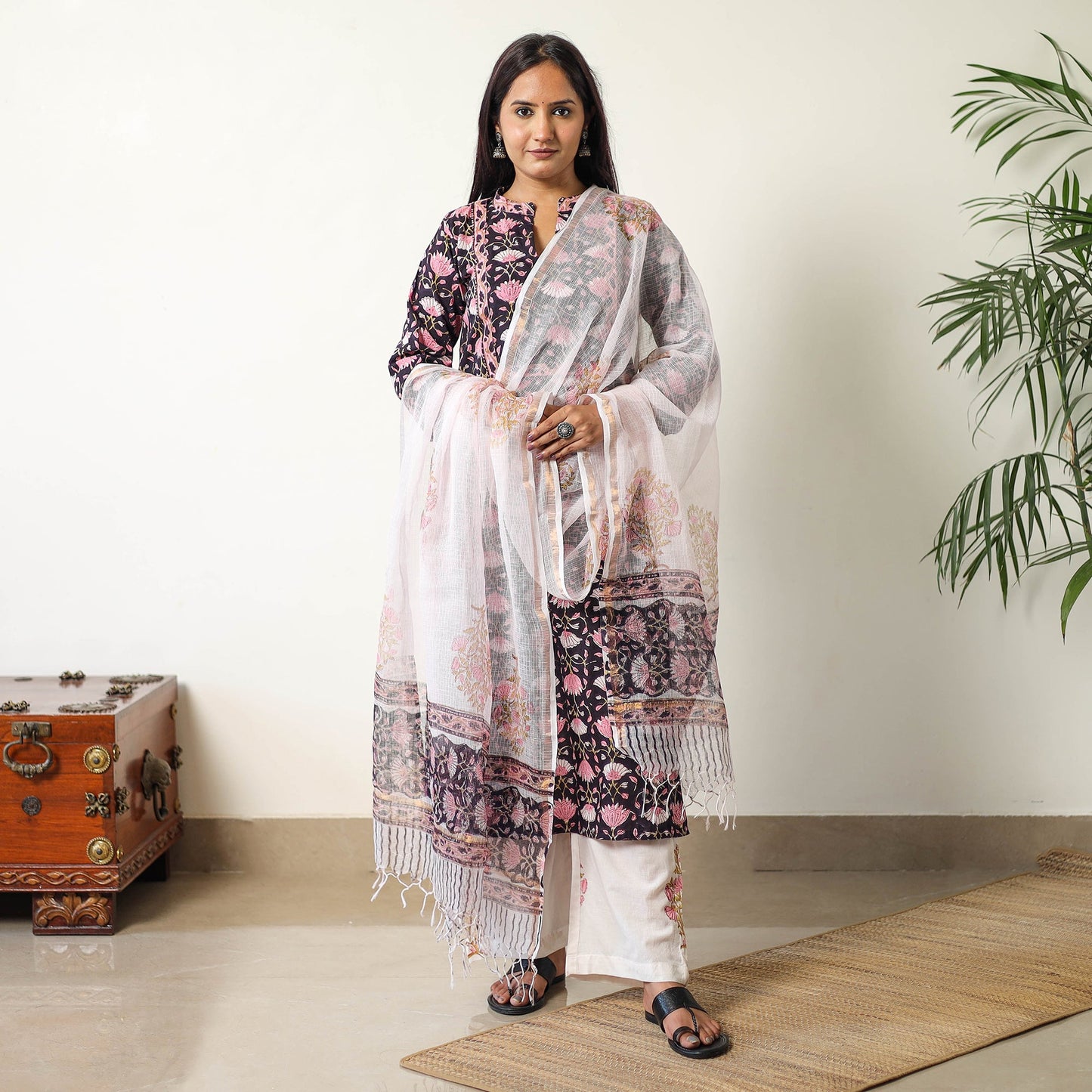 Buy Sanganeri Block Printed Cotton Kurta with Palazzo & Dupatta Set 16 Online at iTokri.com