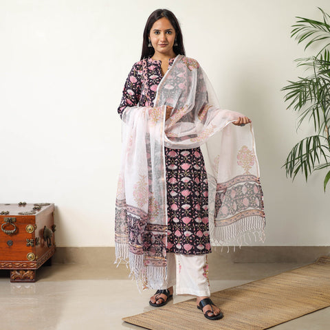 Buy Sanganeri Block Printed Cotton Kurta with Palazzo & Dupatta Set 16 Online at iTokri.com