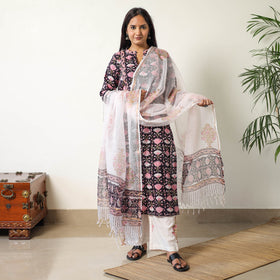 Buy Sanganeri Block Printed Cotton Kurta with Palazzo & Dupatta Set 16 Online at iTokri.com
