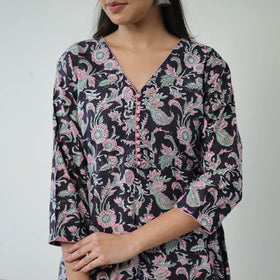  Black Sanganeri Block Printed Cotton Long A-Line Kurta for Women