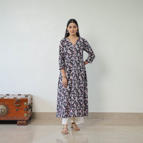  Black Sanganeri Block Printed Cotton Long A-Line Kurta for Women