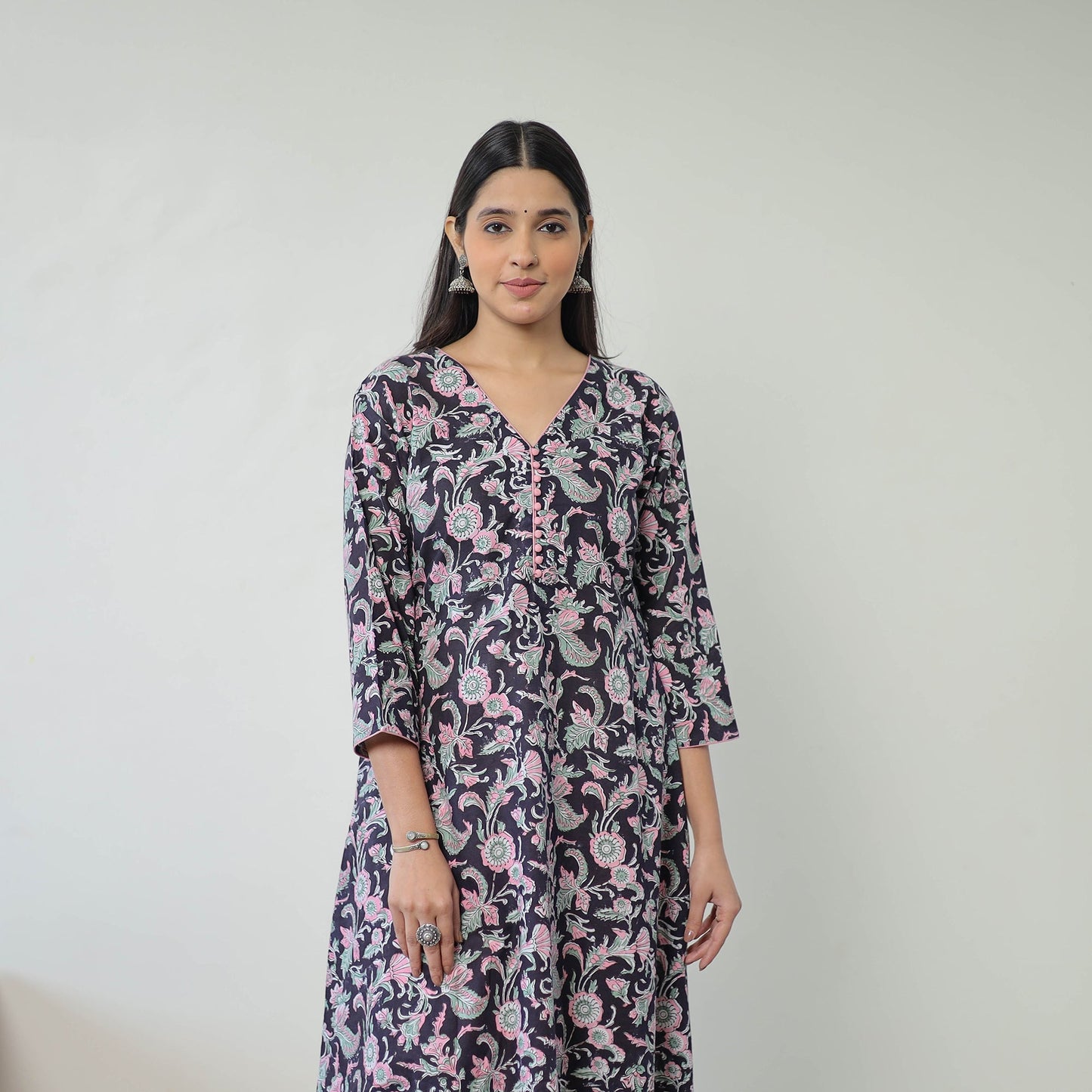  Black Sanganeri Block Printed Cotton Long A-Line Kurta for Women