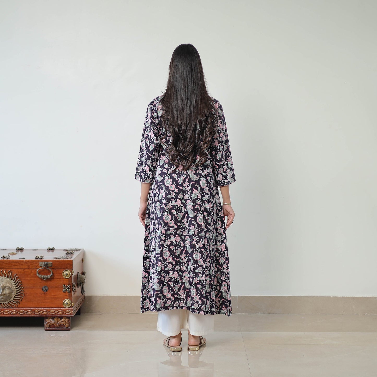  Black Sanganeri Block Printed Cotton Long A-Line Kurta for Women