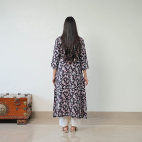  Black Sanganeri Block Printed Cotton Long A-Line Kurta for Women