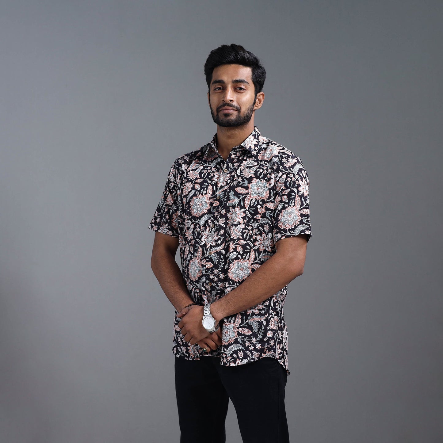  Black Sanganeri Block Print Cotton Men Half Sleeve Shirt
