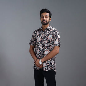  Black Sanganeri Block Print Cotton Men Half Sleeve Shirt