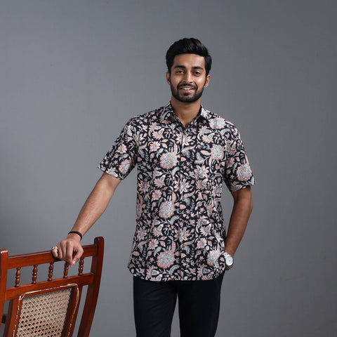  Black Sanganeri Block Print Cotton Men Half Sleeve Shirt