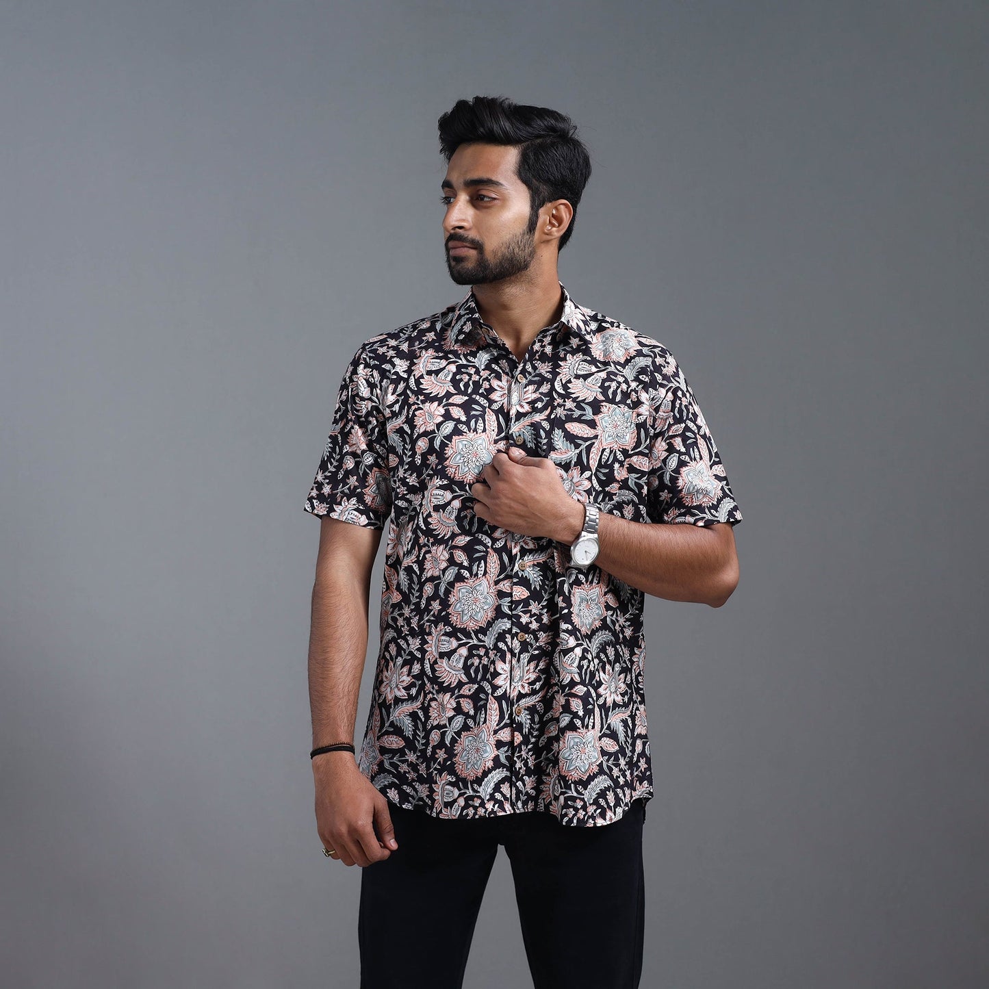  Black Sanganeri Block Print Cotton Men Half Sleeve Shirt