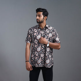  Black Sanganeri Block Print Cotton Men Half Sleeve Shirt