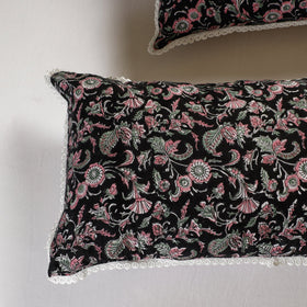  Sanganeri Block Printed Cotton Pillow Cover with Lace (26 x 16 in) - Set of 2 