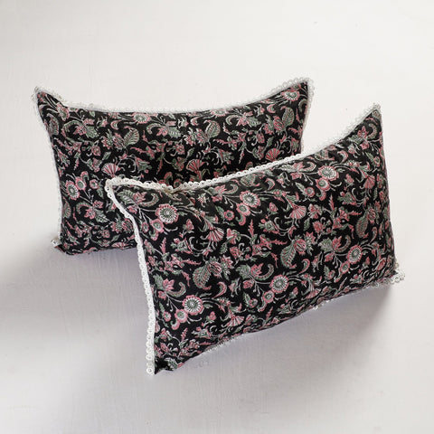  Sanganeri Block Printed Cotton Pillow Cover with Lace (26 x 16 in) - Set of 2 