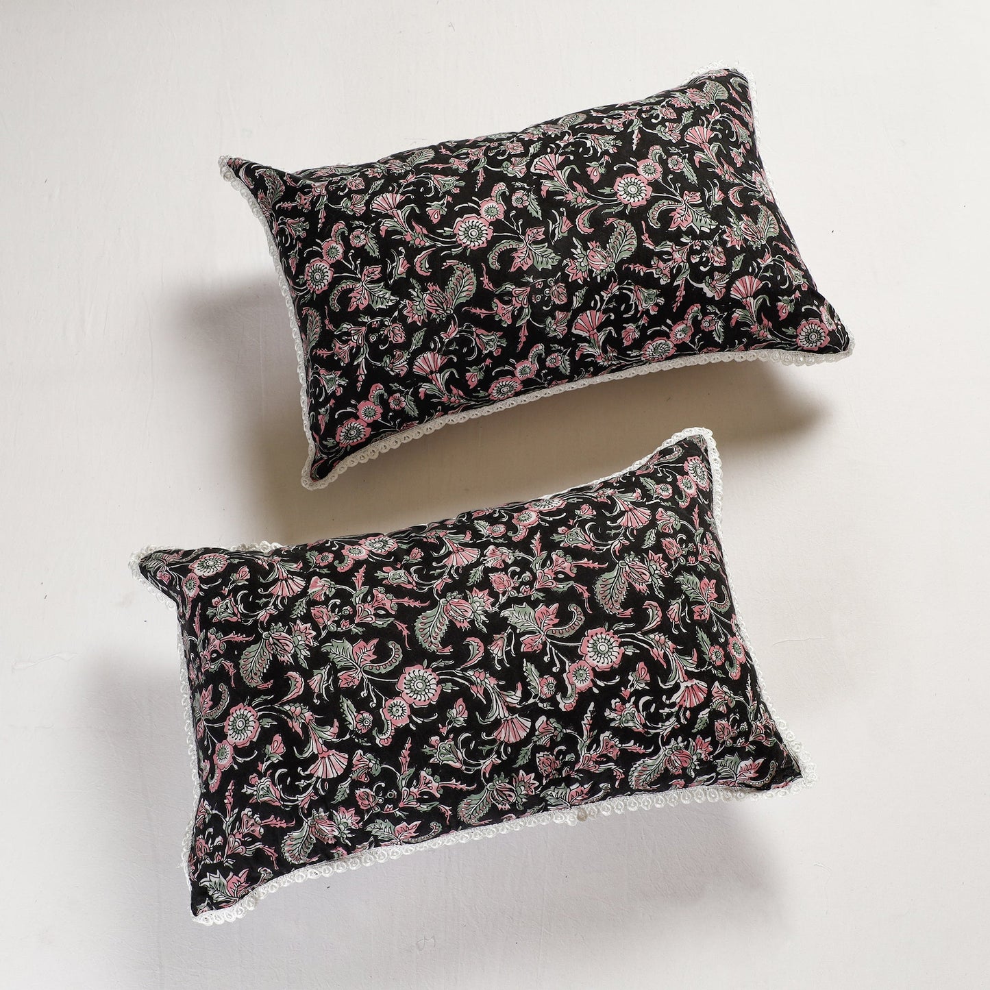  Sanganeri Block Printed Cotton Pillow Cover with Lace (26 x 16 in) - Set of 2 