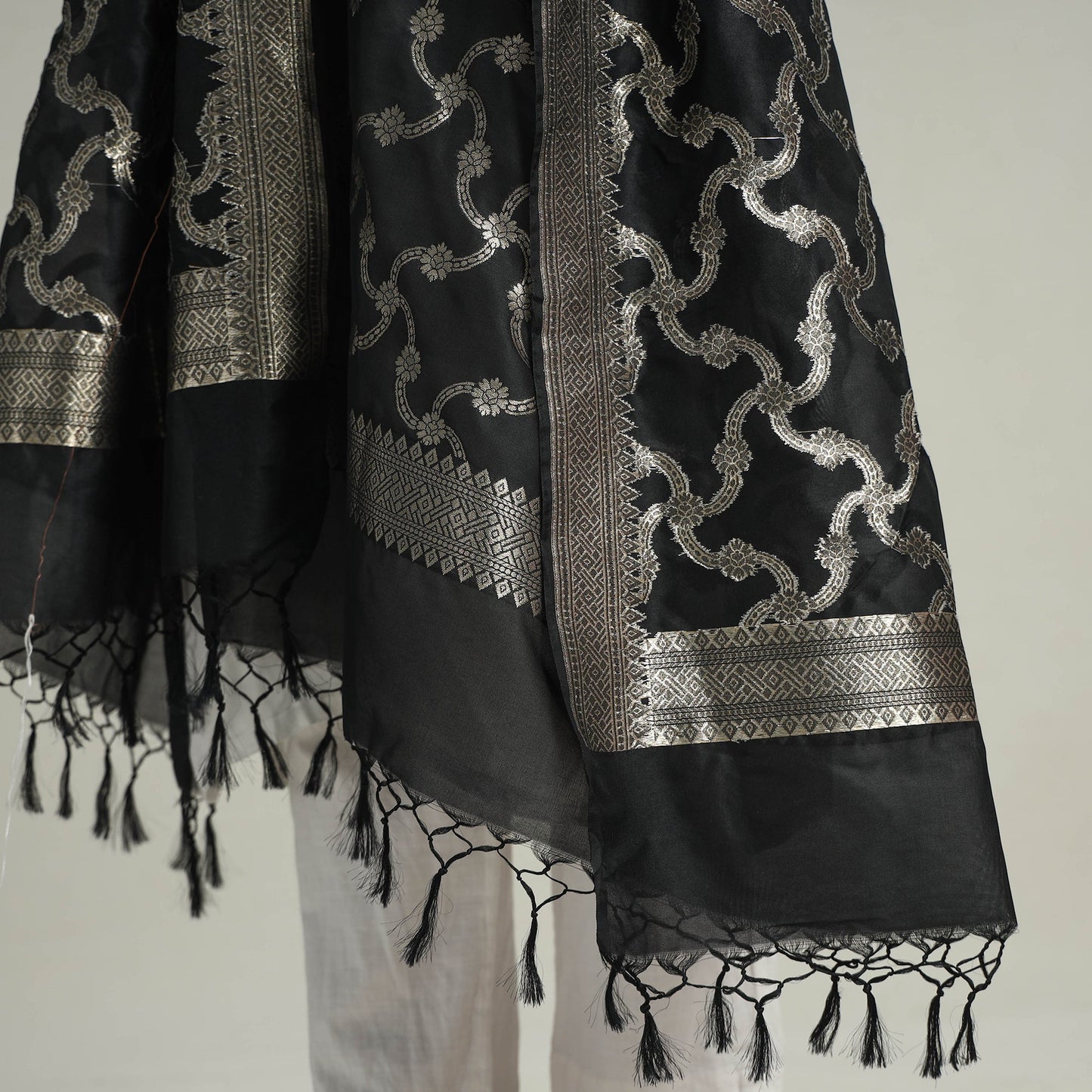 Black - Semi Silk Zari Jaal Banarasi Dupatta 32