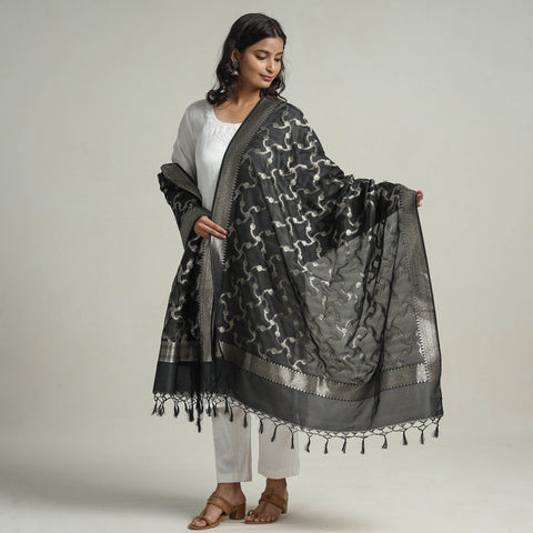 Black - Semi Silk Zari Jaal Banarasi Dupatta 32