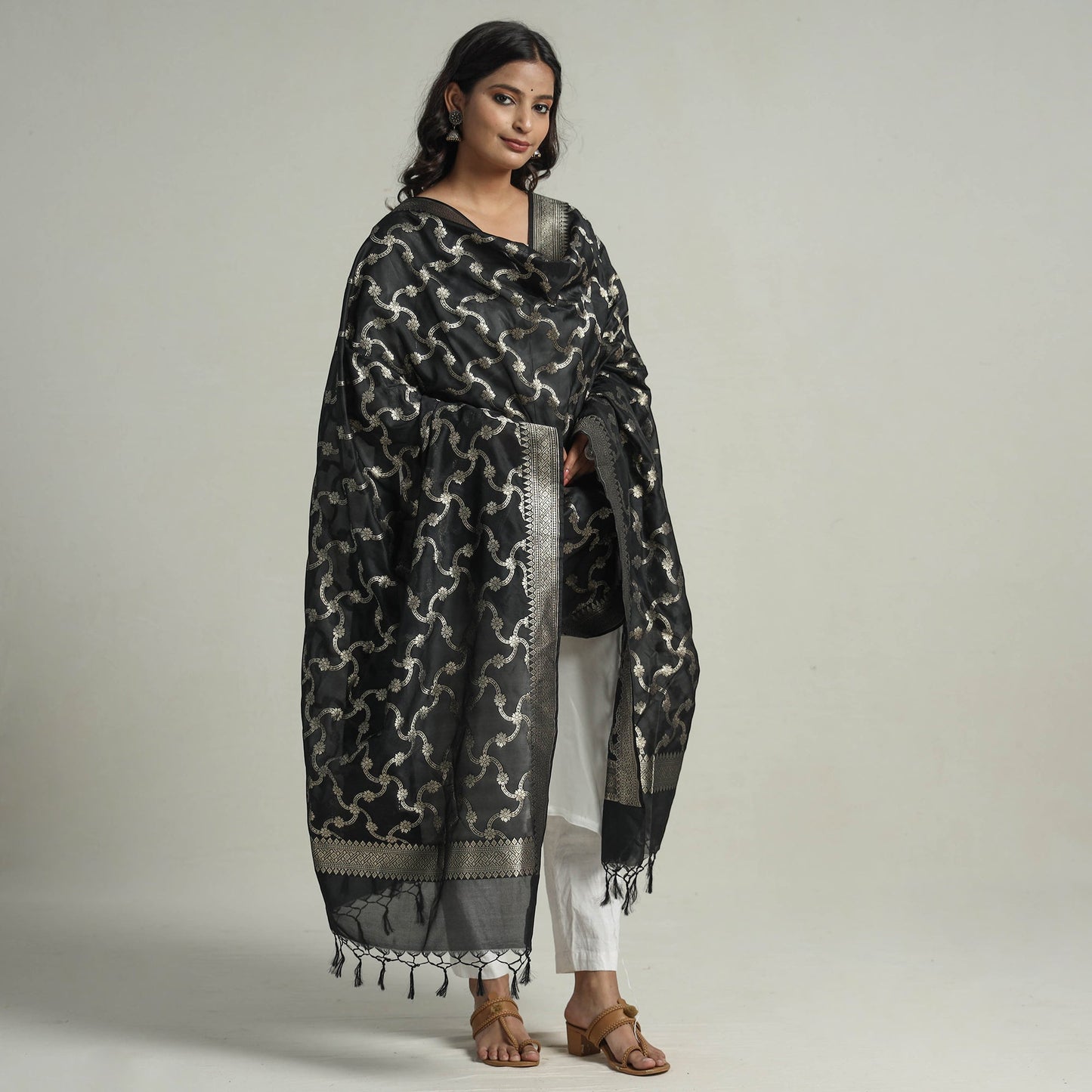 Black - Semi Silk Zari Jaal Banarasi Dupatta 32