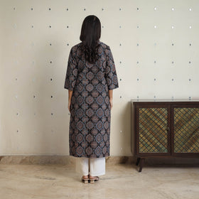 Sequins Cotton Straight Black Ajrakh Print Kurta for Women