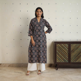 Sequins Cotton Straight Black Ajrakh Print Kurta for Women