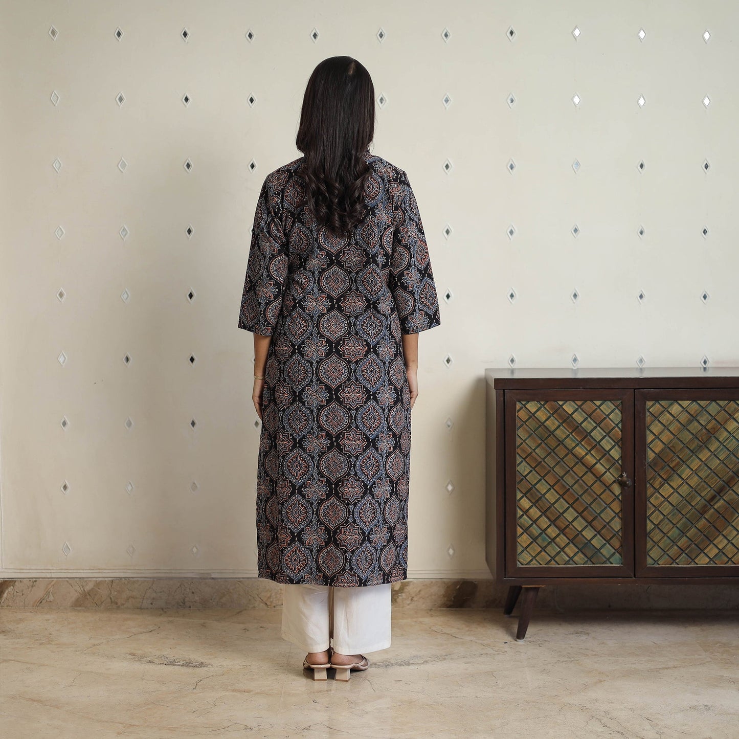 Sequins Cotton Straight Black Ajrakh Print Kurta for Women