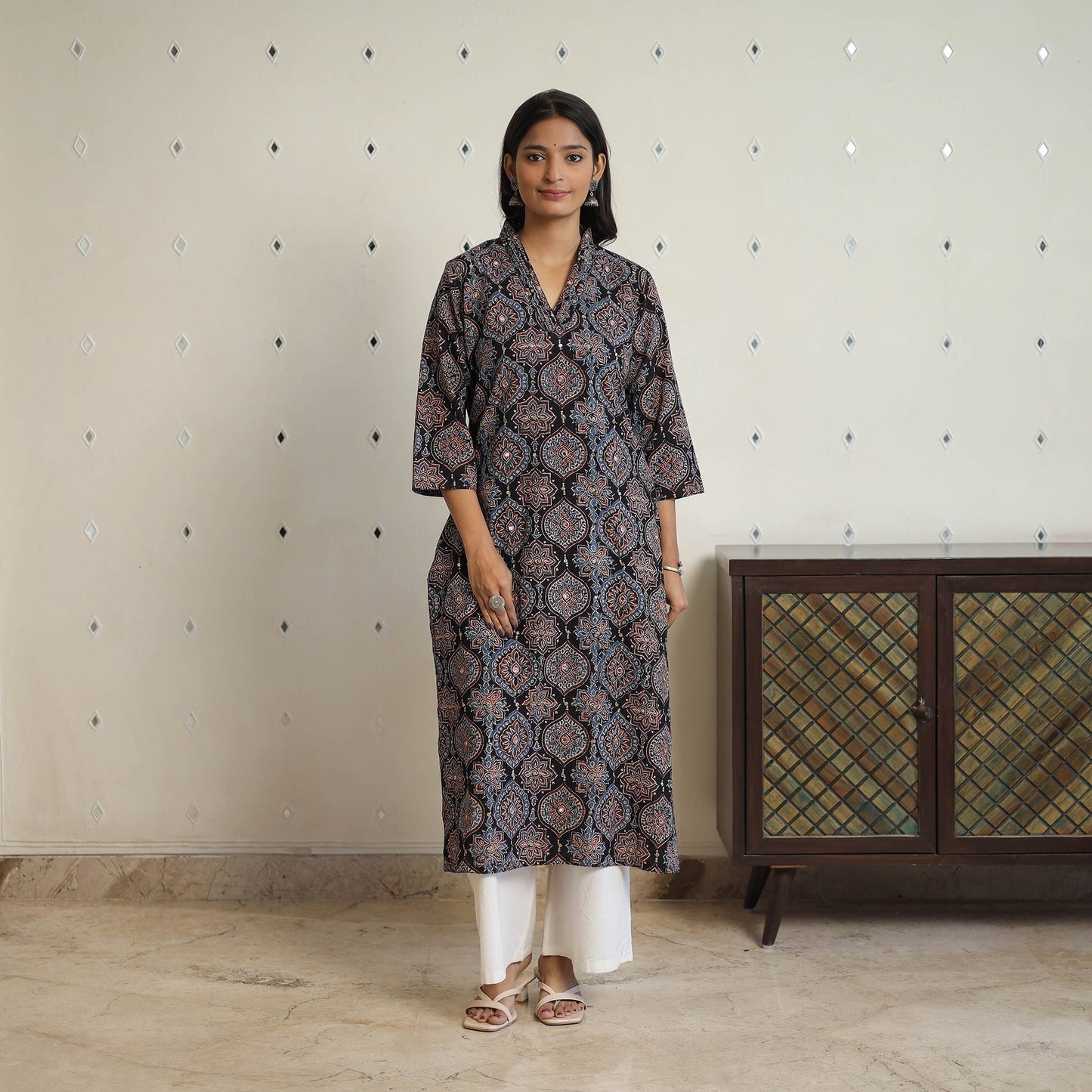 Sequins Cotton Straight Black Ajrakh Print Kurta for Women