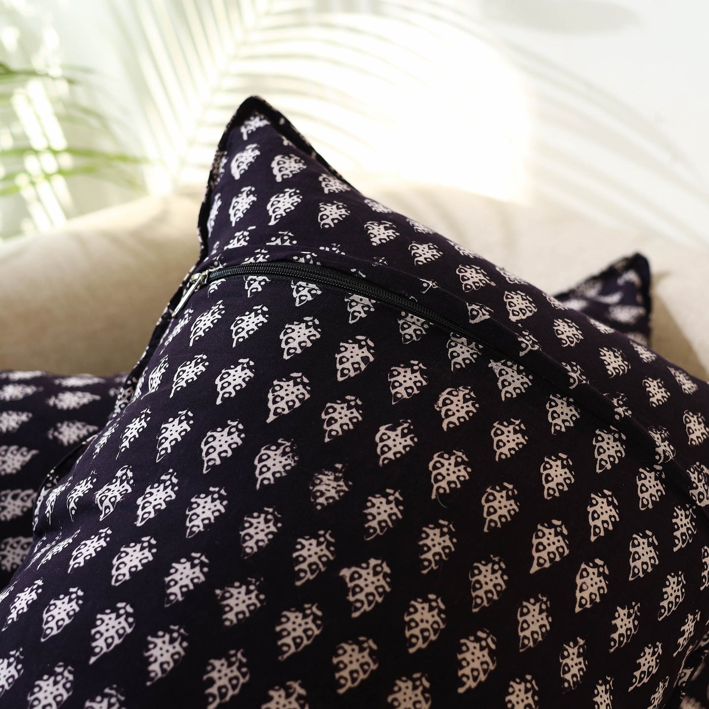 Black - Set of 2 Bagru Block Print Cotton Pillow Covers 14