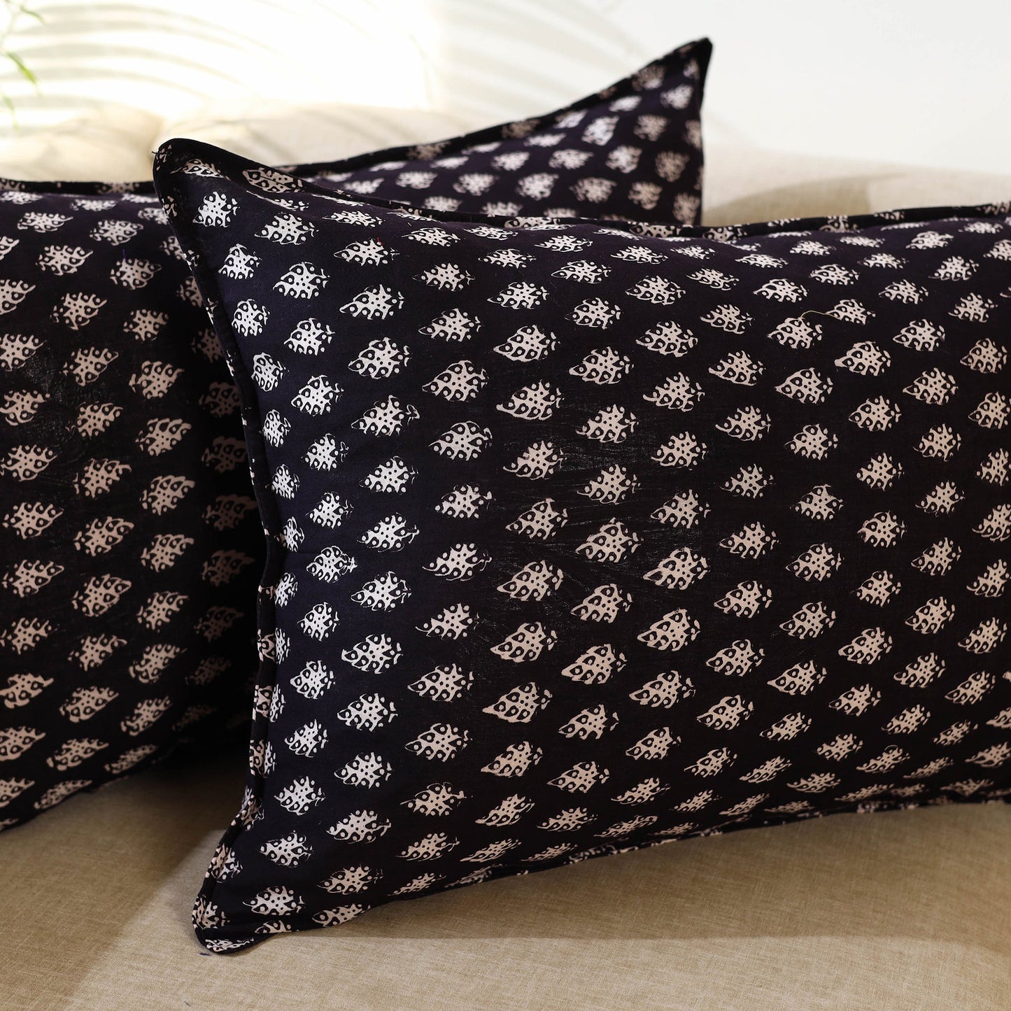 Black - Set of 2 Bagru Block Print Cotton Pillow Covers 14