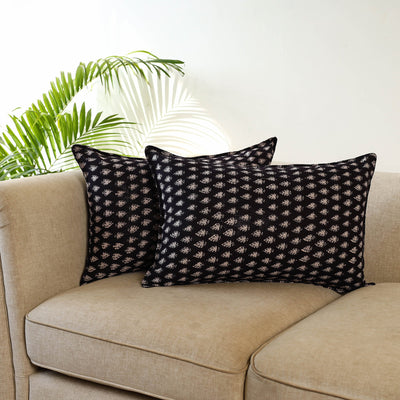 Black - Set of 2 Bagru Block Print Cotton Pillow Covers 14