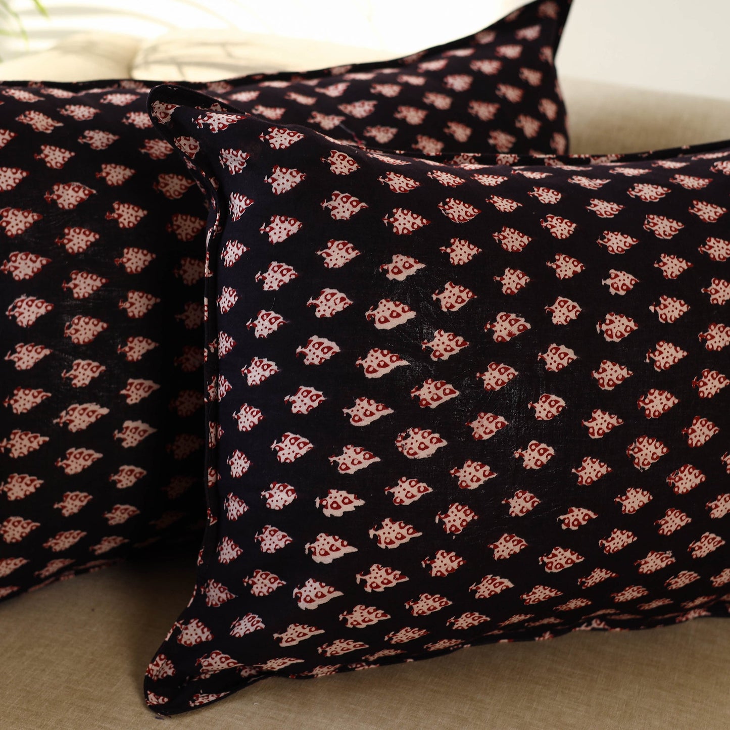 Black - Set of 2 Bagru Block Print Cotton Pillow Covers 18