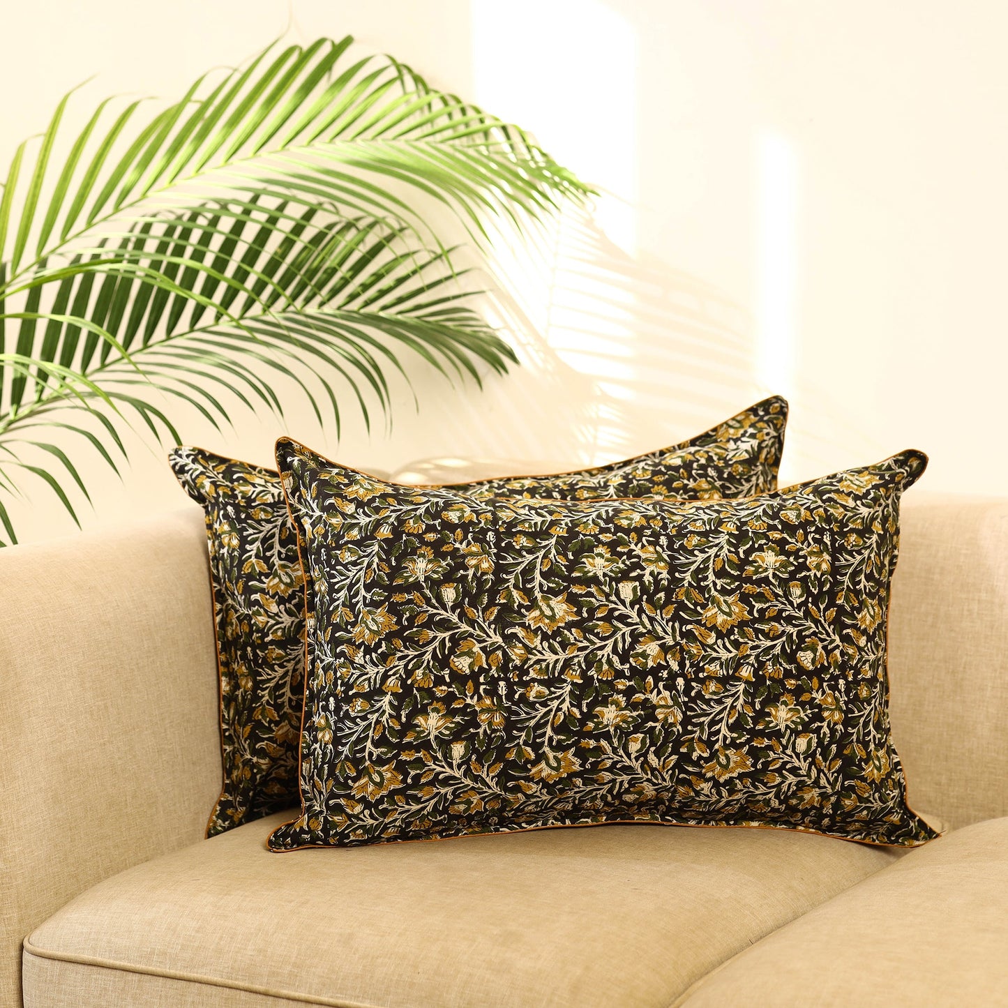 Buy Set of 2 Black Bagru Block Print Cotton Pillow Covers