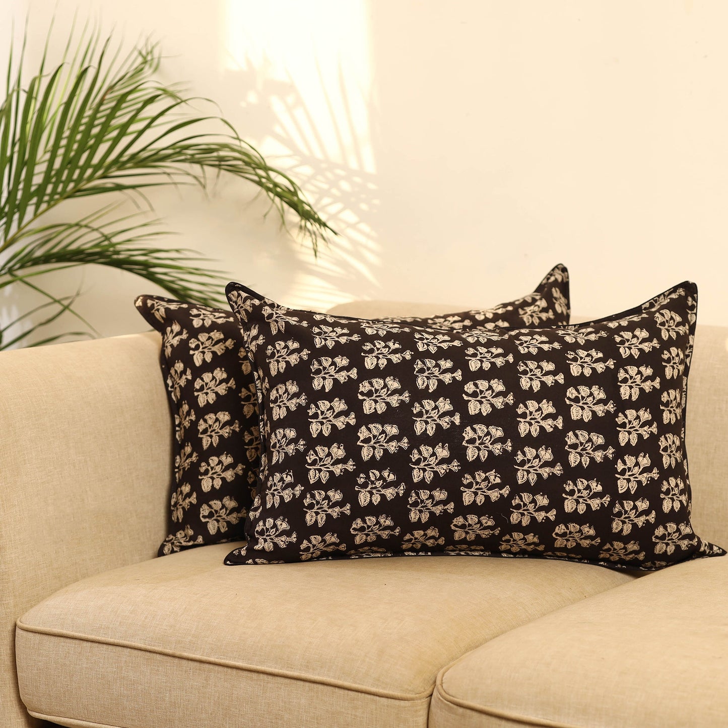 Buy Set of 2 Black Bagru Block Print Cotton Pillow Covers