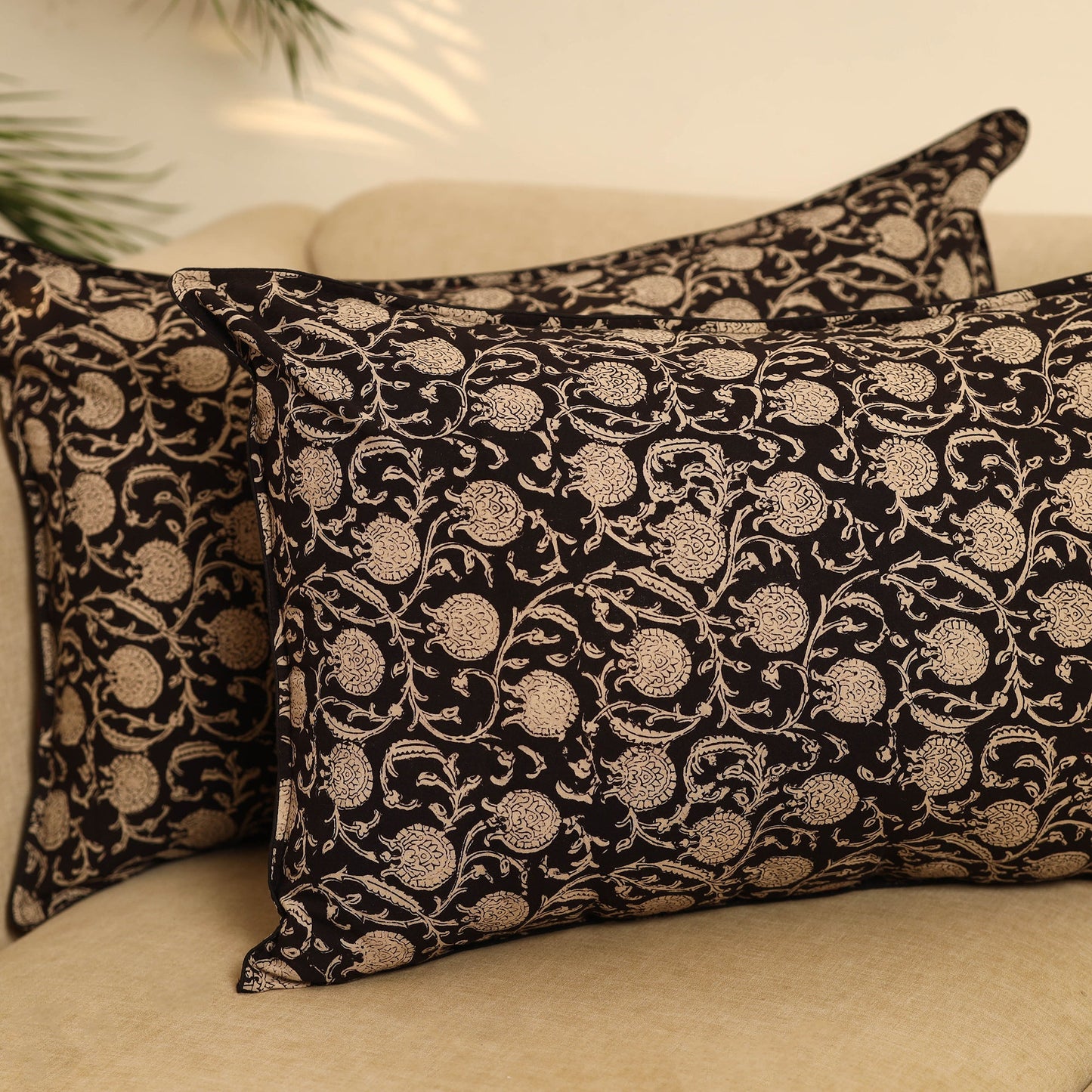 Black - set of 2 bagru cotton pillow covers 24 - handcrafted