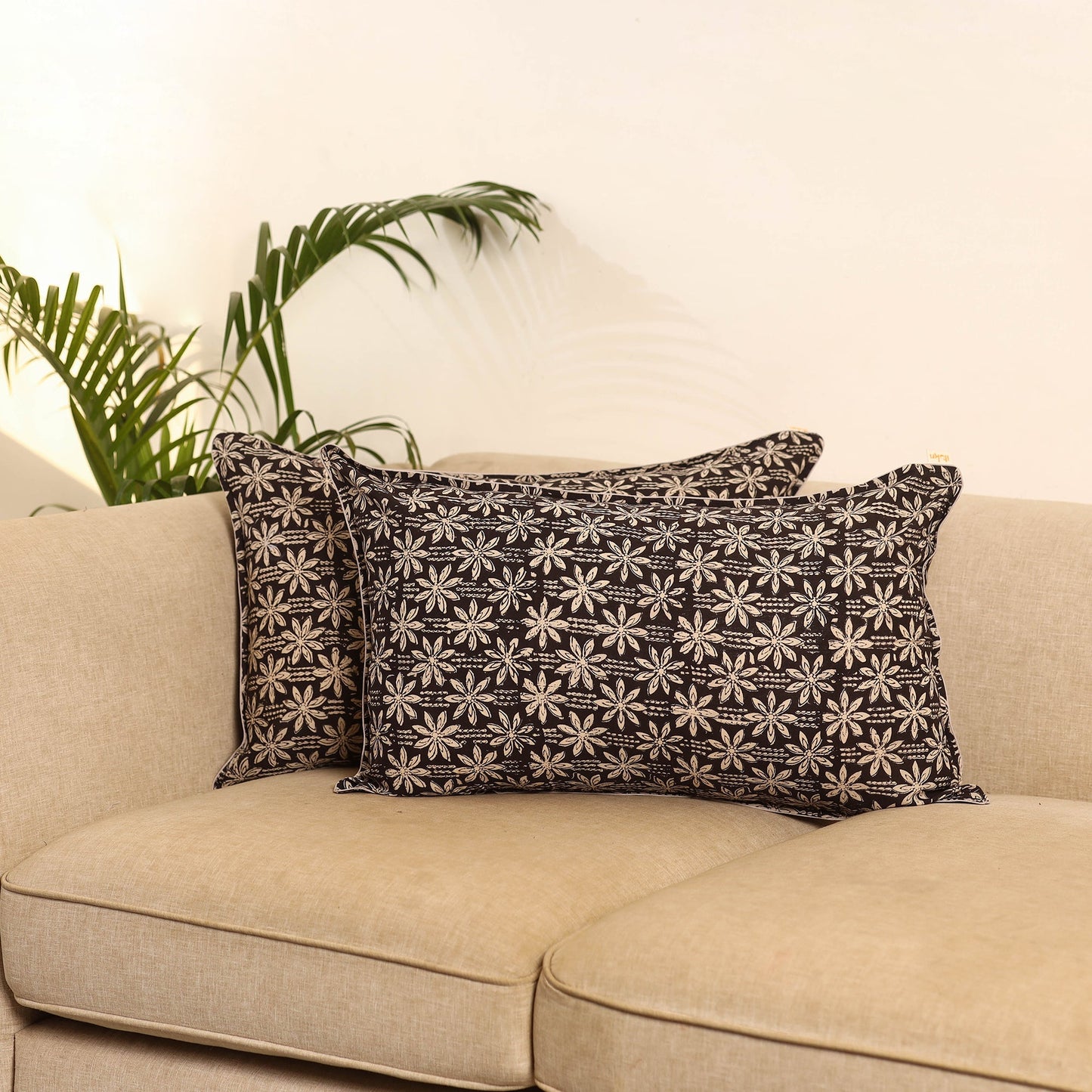 Black - set of 2 bagru hand pillow covers 07 - handcrafted