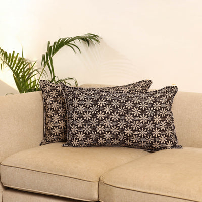 Black - set of 2 bagru hand pillow covers 07 - handcrafted