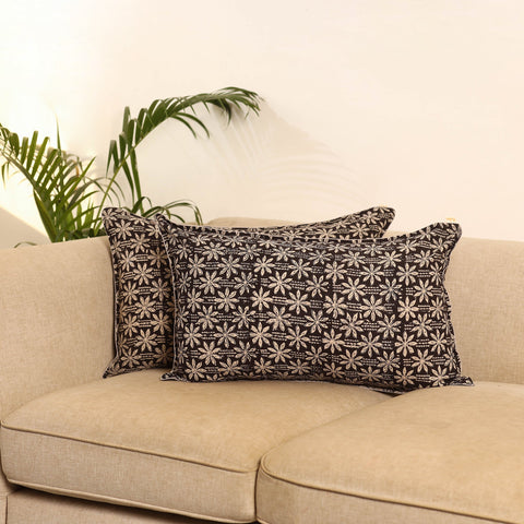 Black - set of 2 bagru hand pillow covers 07 - handcrafted